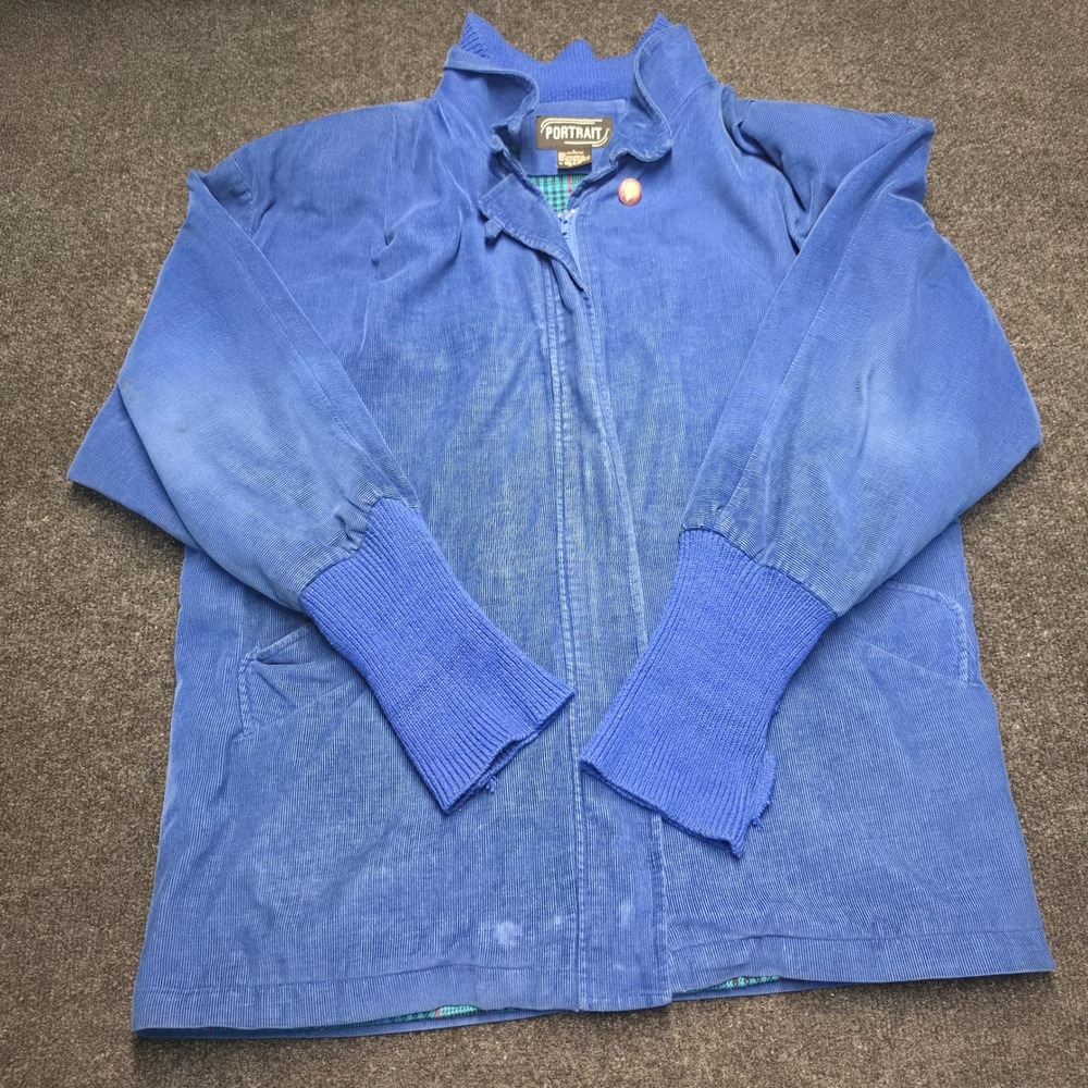 Vintage Portrait Blue Corduroy Jacket Plaid Lined Knit Cuffs Large RN 44912